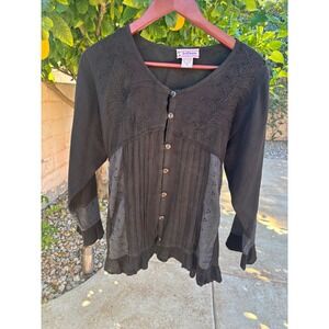 Just Cruising Black Rayon Embroidered Blouse Eyelet Pintuck Top One Size